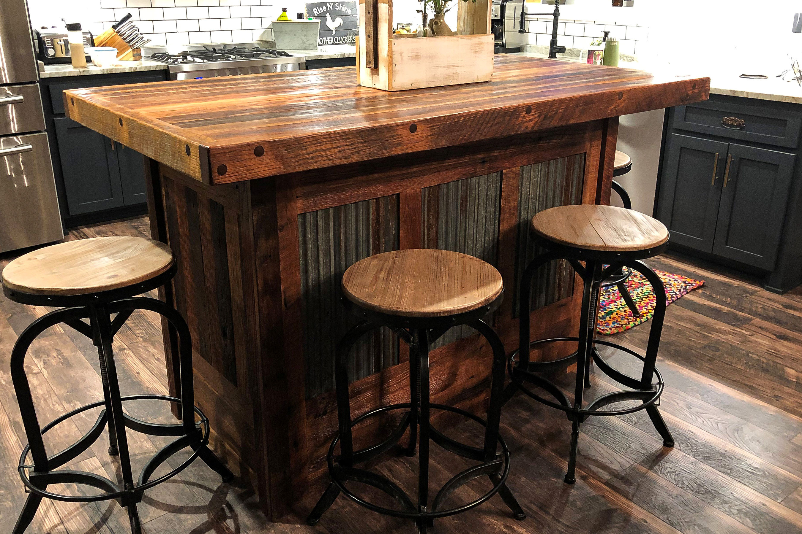 A custom Barnwood kitchen island that was designed and handcrafted specifically for a lake home. <br>"Wanted to share these pics. We just love this island!" - Jessica K.